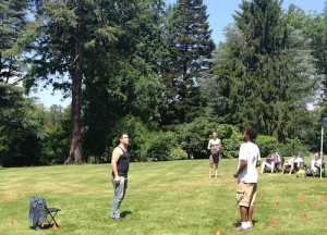 M. Tyler Horn (Duke) and Brandon Pierce (Valentine) rehearse a scene under beautiful blue skies and the watchful gaze of director Samantha Bellomo.