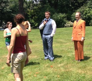 James Kassees (far right) trying on his Thurio costume for the first time